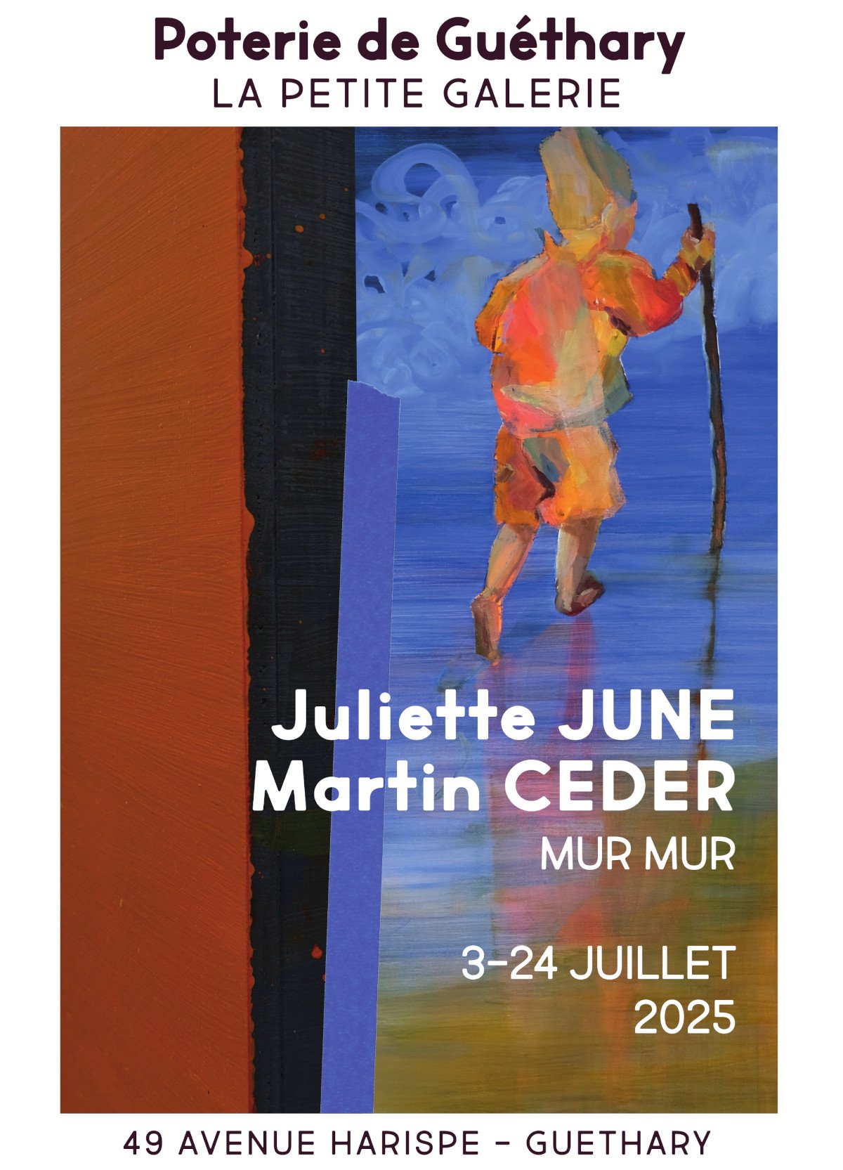 Affiche promotionnelle pour une exposition de céramique à Guéthary, intitulée 'La Petite Galerie', présentant l'artiste Juliette June et Martin Ceder, du 3 au 24 juillet 2025, située au 49 Avenue Harispe.