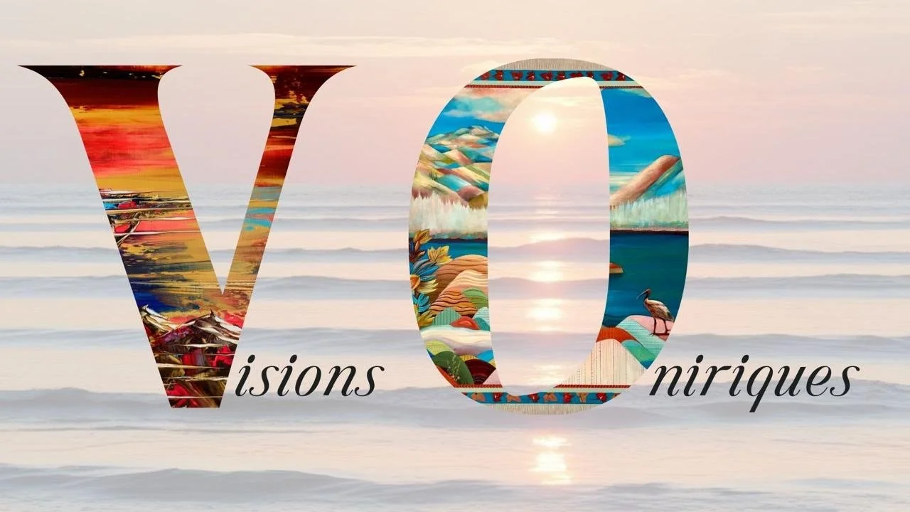 Le texte 'VO' avec des images de paysages dans les lettres, le fond montre une mer ou un océan au coucher de soleil, et en dessous, le mot 'visions' et 'nirriques' en cursive.