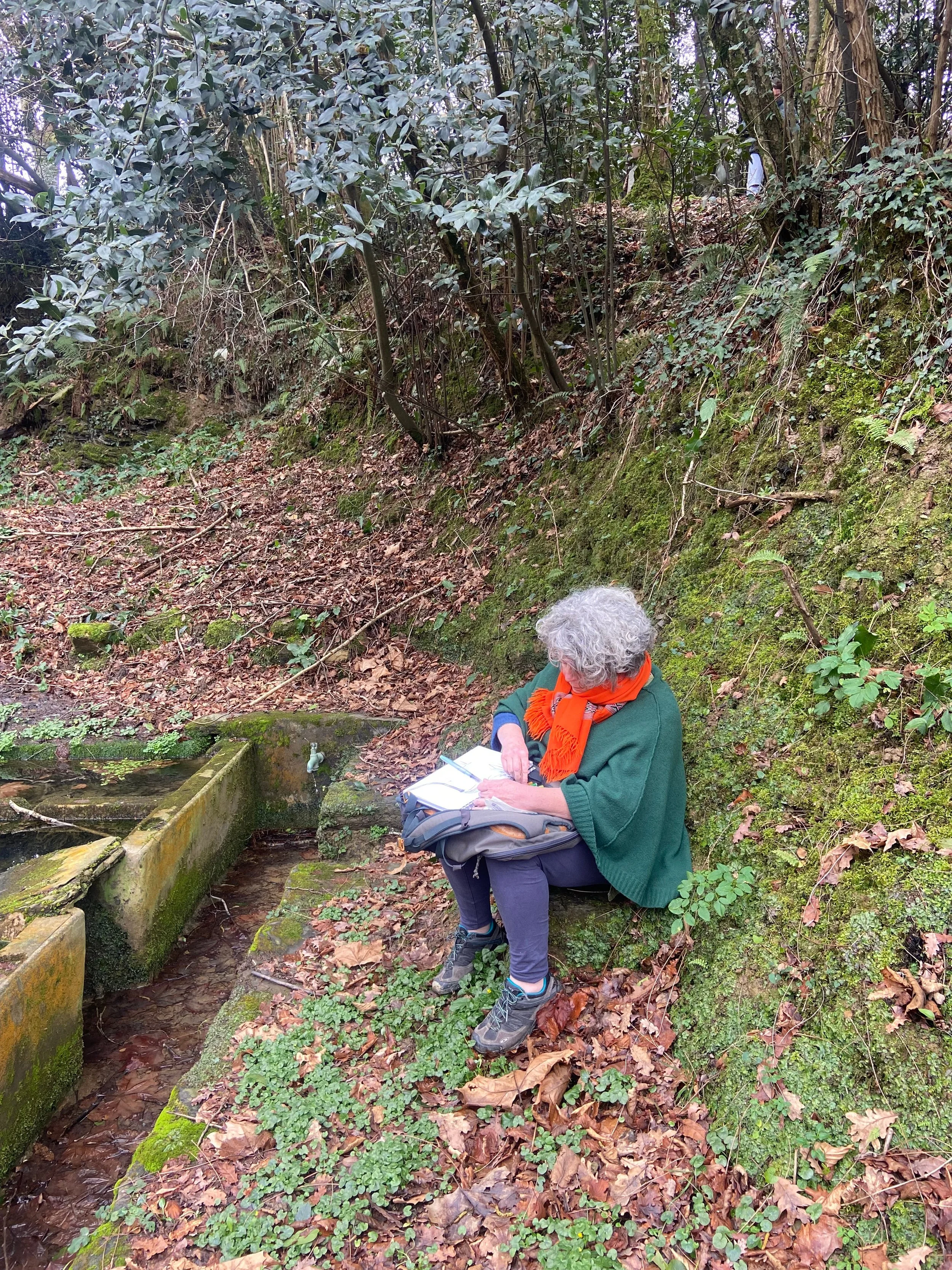 Une femme aux cheveux gris, portant une veste verte, une écharpe orange, et des bottes, est assise près d'un petit ruisseau dans une forêt, en train de lire ou d'étudier un carnet ou un livre.