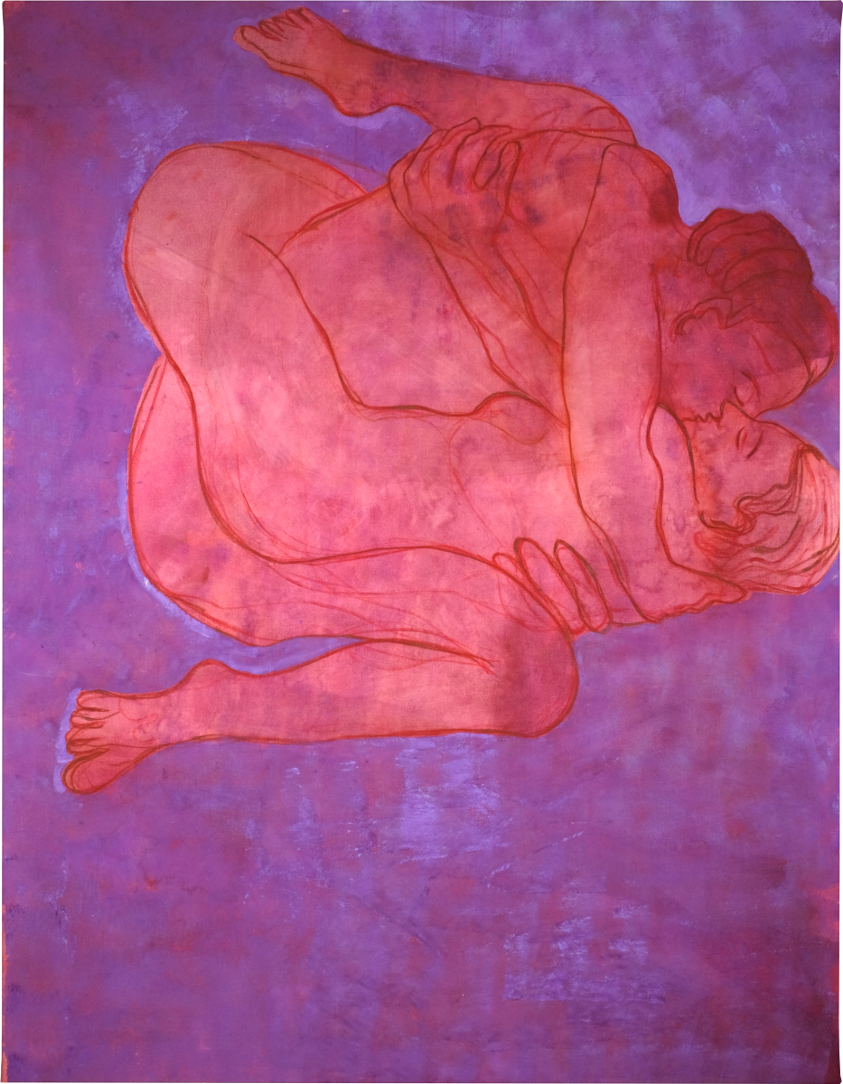 Une peinture représentant deux personnes nues, une homme et une femme, en position de tendresse, avec un fond violet. Le style est linéaire et abstrait.
