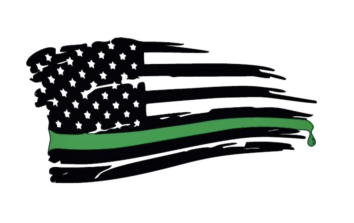 Black and white American flag with a green stripe and a green tear at the bottom right corner.