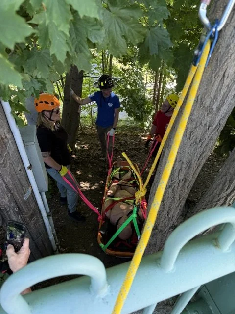 Two rescue workers in orange helmets assist a person on a stretcher attached with yellow and green straps between trees, while two observers watch nearby.