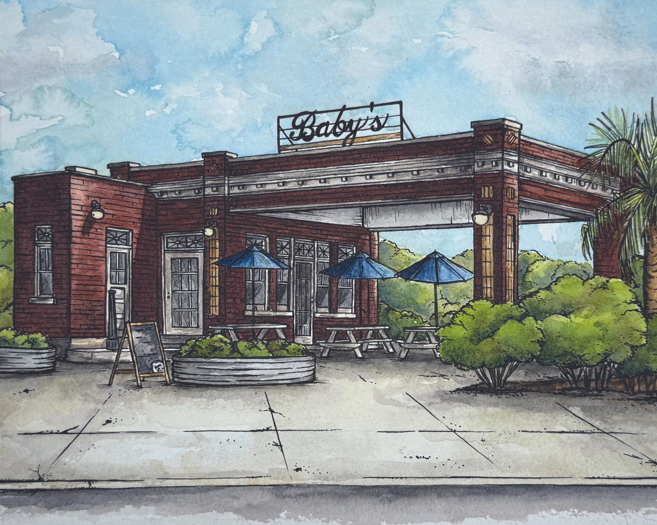 A watercolor illustration of an old gas station named "Baby's", with a brick facade, blue umbrellas outside, and lush greenery surrounding the building.