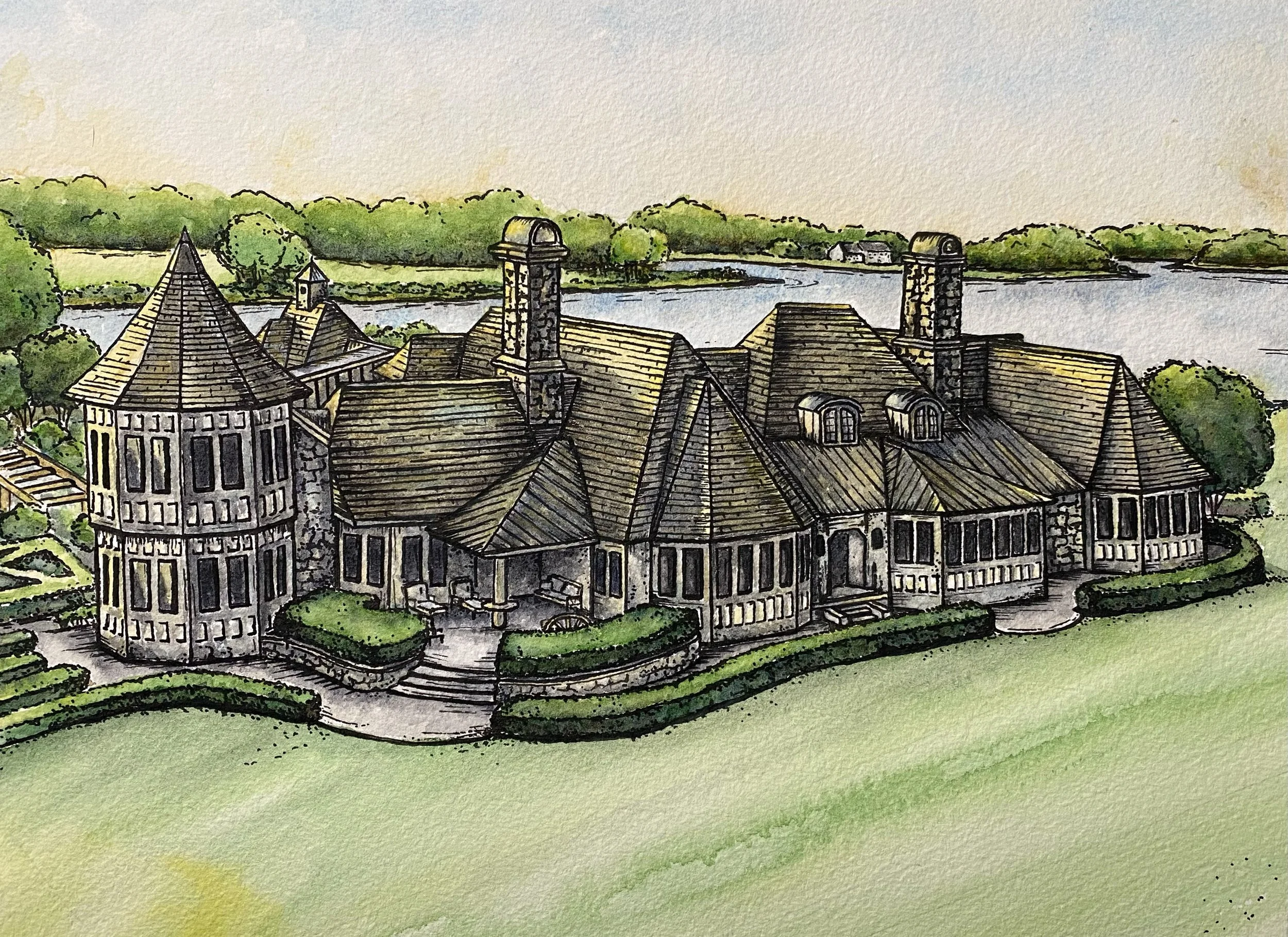 A watercolor painting of a large historic house with stone chimneys, surrounded by green lawns and trees near a waterway, under a light gray sky.