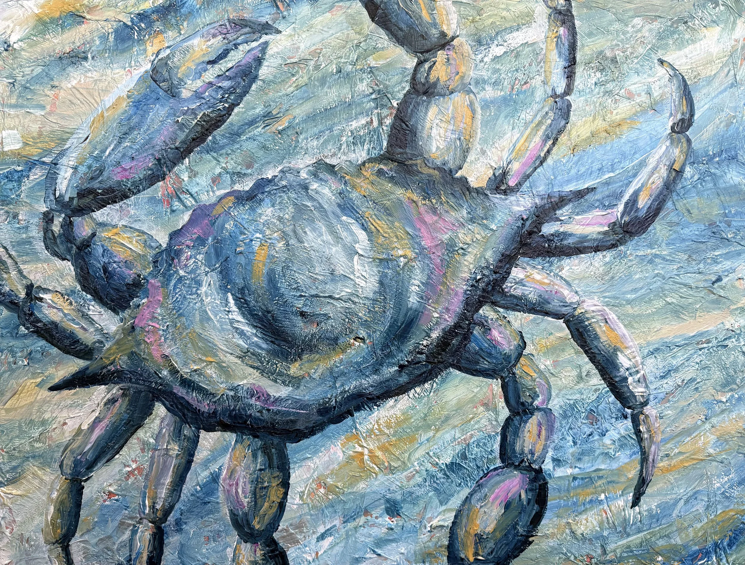 An abstract painting featuring a blue crab, with a textured background of blue, yellow, green, and pink brushstrokes.