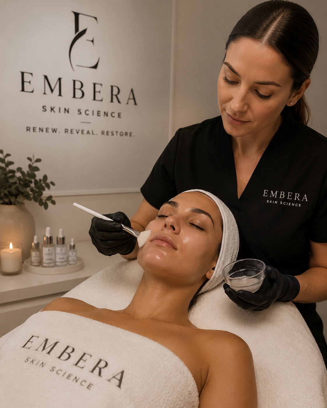 A woman receives a facial treatment from an esthetician in a spa or skincare clinic. The woman is lying down with a towel over her, and the esthetician is applying a skincare product with a brush. The background has a sign that reads "Embera Skin Science" and bottles of skincare products.