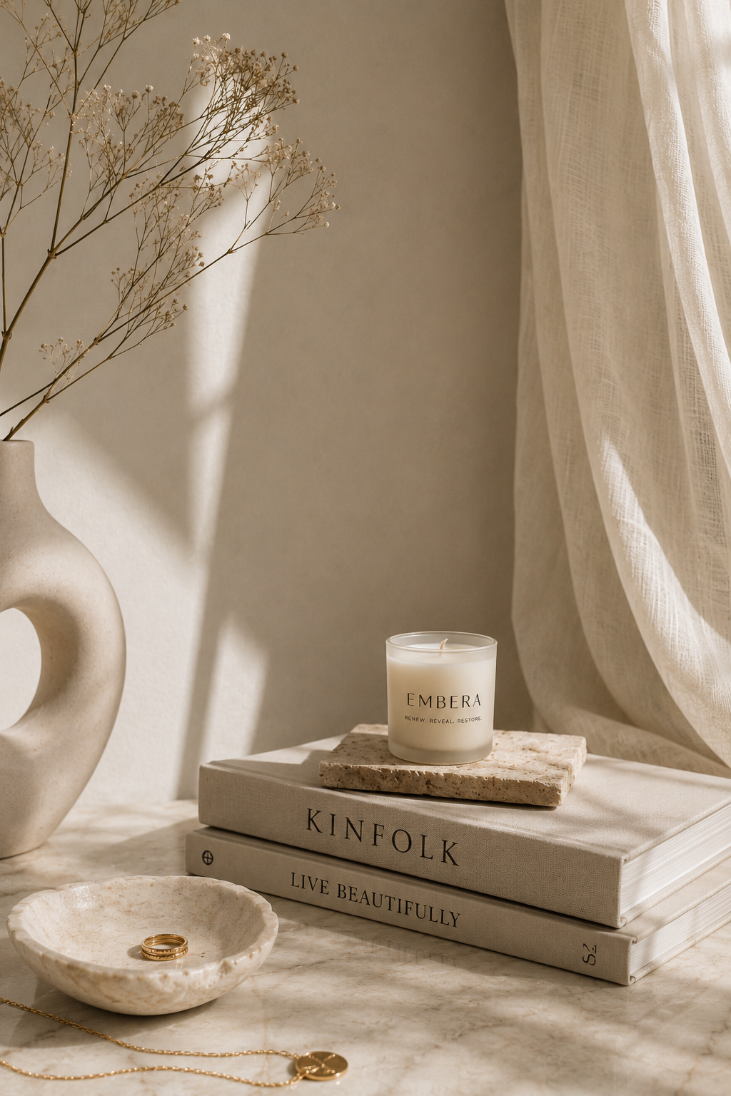 A beige table with a vase containing dried flowers, a lit candle labeled 'Embera', and a stack of books titled 'Kinfolk' and 'Live Beautifully'. A small marble dish holds ring accessories, and a gold necklace is partially visible in front of the dish.