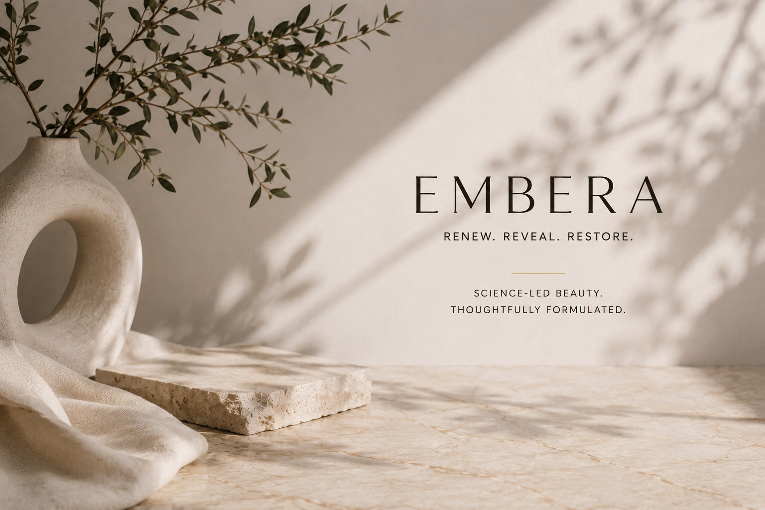 A minimalist aesthetic flat lay with a beige stone vase holding green leafy branches, a textured beige stone slab, and a piece of draped fabric on a light marble surface. Shadows cast by the branches create a calm and elegant scene. Text overlay promotes Embera skincare, with phrases 'Renew. Reveal. Restore.', 'Science-led beauty. Thoughtfully formulated.'
