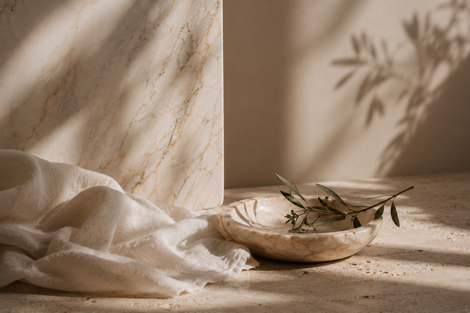A beige marble bowl with olive branches inside, placed on a beige surface with a white cloth and a marble panel background casting shadows.