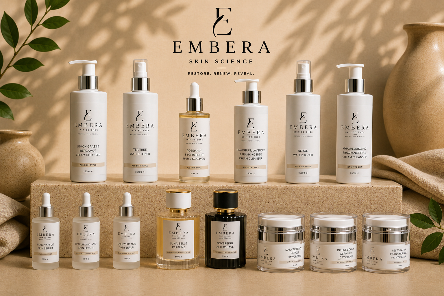 A collection of skincare products from Embera Skin Science, including cleansers, toners, oils, serums, perfumes, aftershave, and day creams, arranged on shelves with natural background elements.