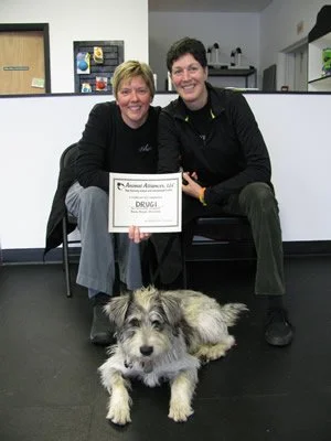Two women posing with a graduation certificate. In front of them, a grey and white dog is lying on a black floor in a classroom.