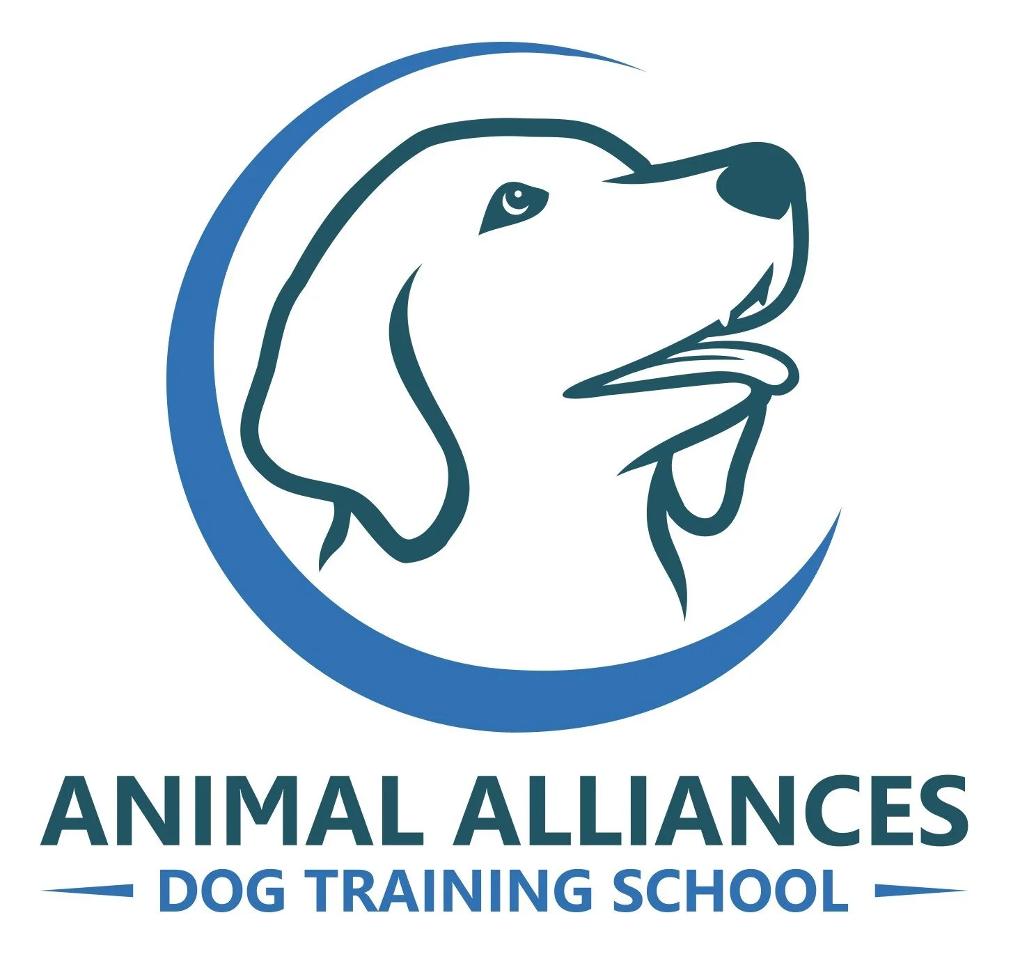 Logo of Animal Alliances Dog Training School featuring a stylized dog head outline within a circular shape, with the organization's name below.