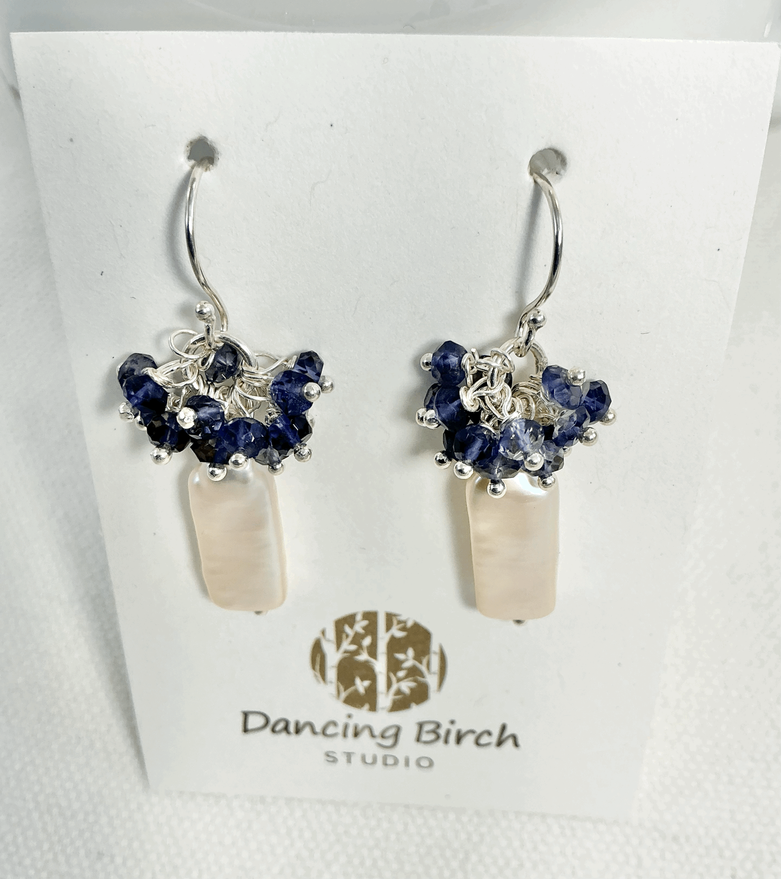 Dancing Birch Studios Earrings - blue iolite, biwa pearl