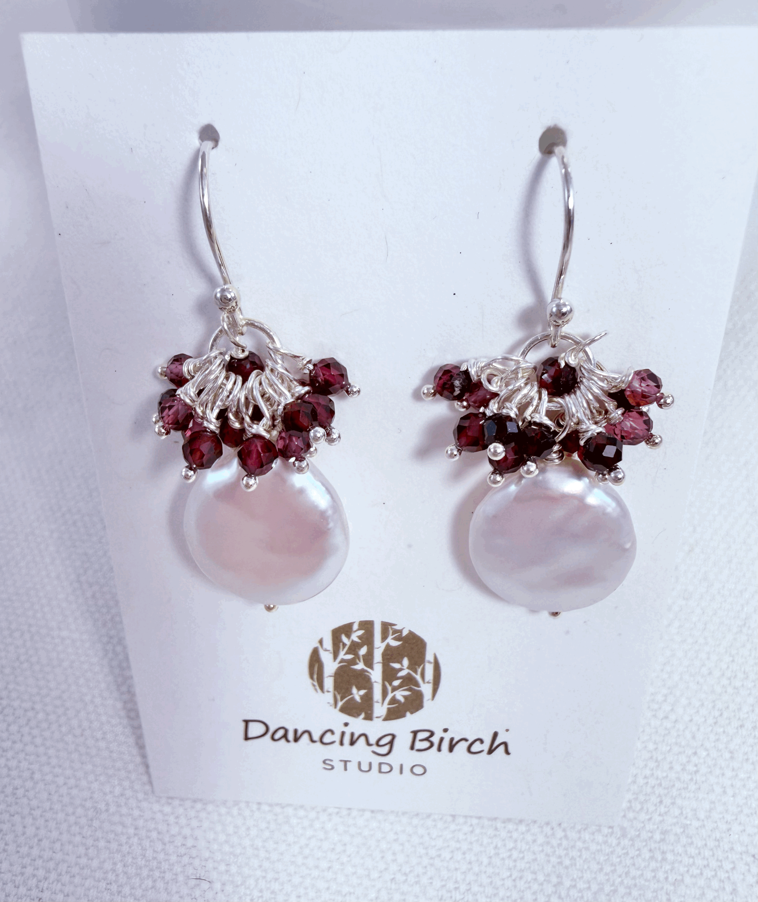 Dancing Birch Studios Earrings - coin pearl, garnet