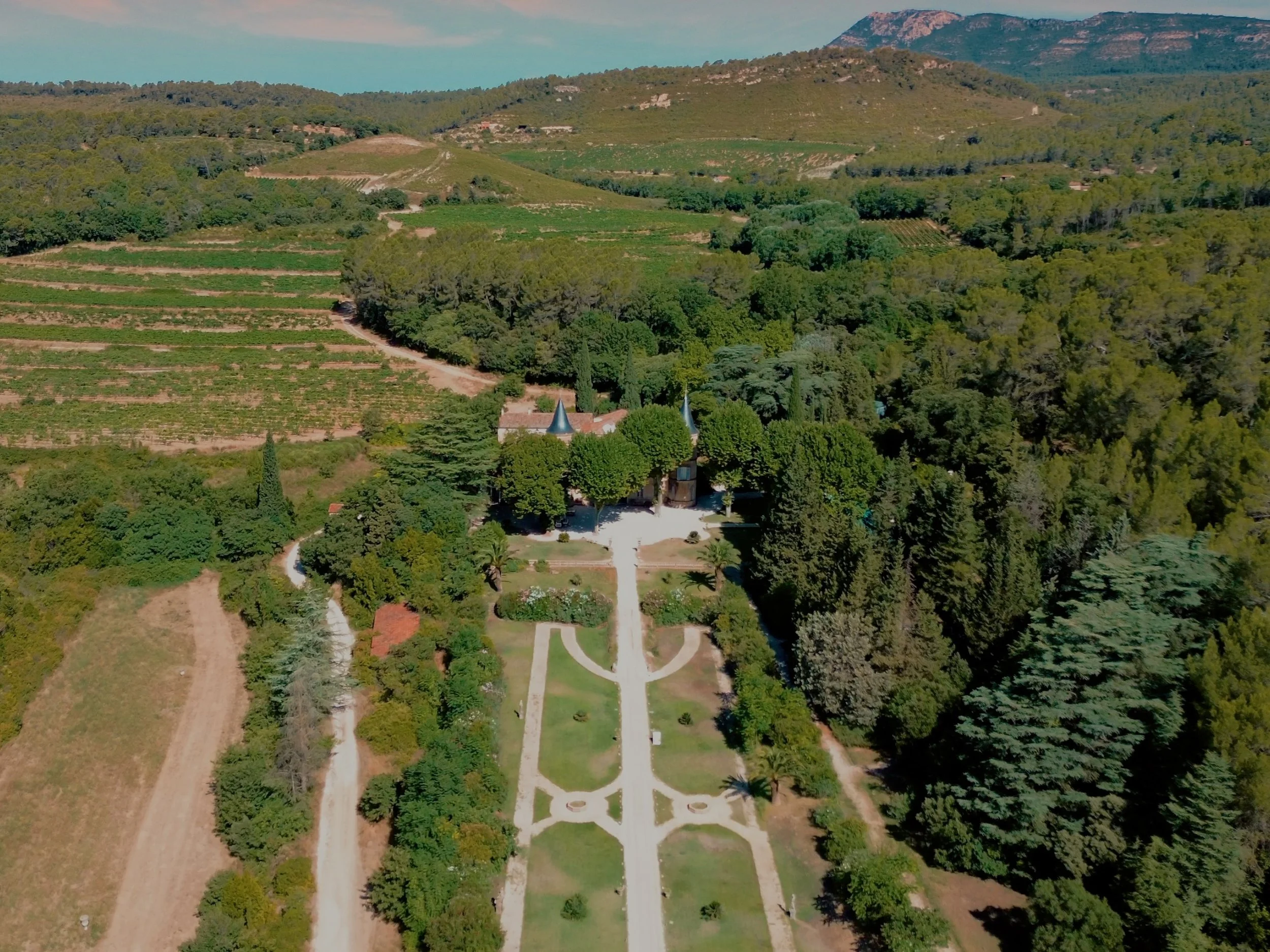 Aerial view of Chateau Robernier's vineyard landscape with a garden in the foreground, surrounded by trees and mountains in the background.