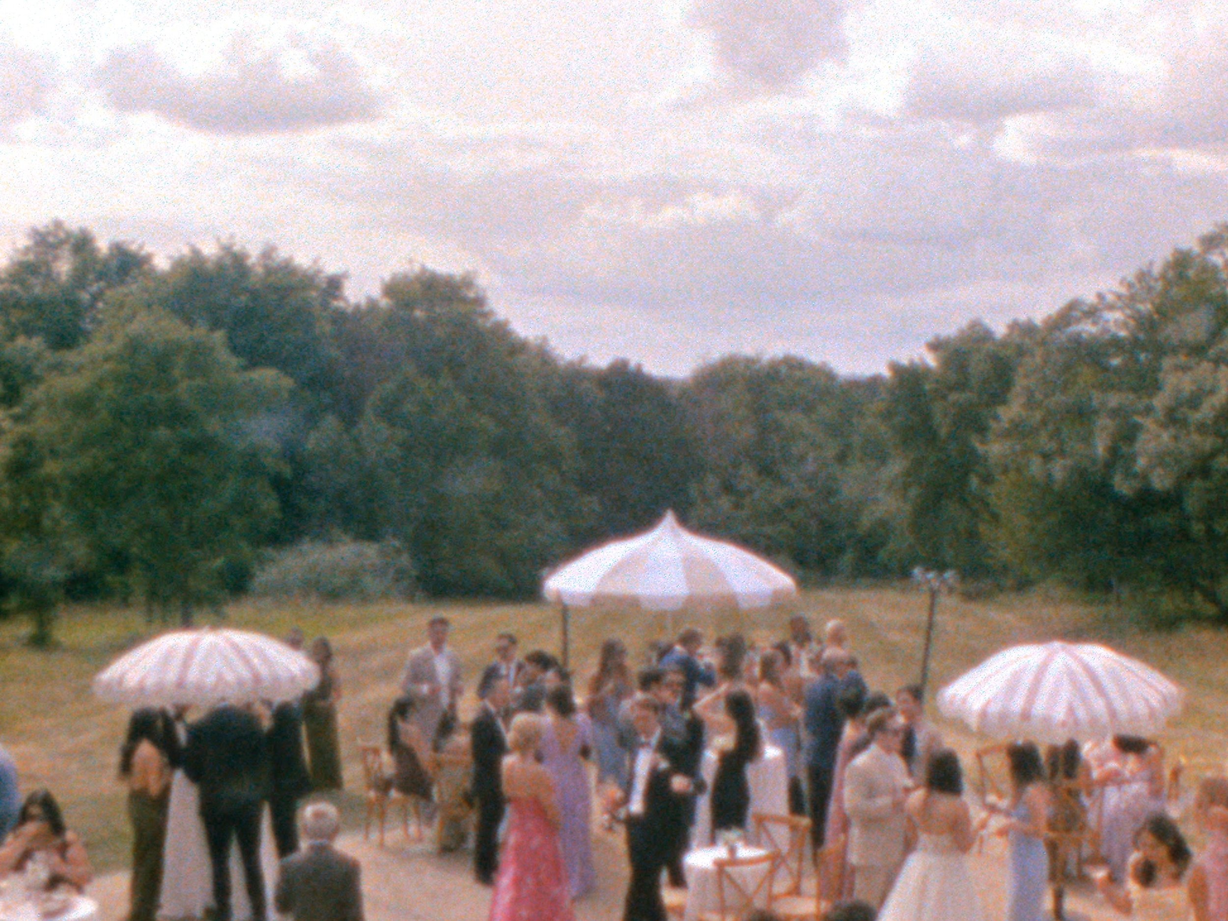 A large group of people gathered outdoors at Chateau Valouze, some holding parasols. Several trees and a cloudy sky are visible in the background.
