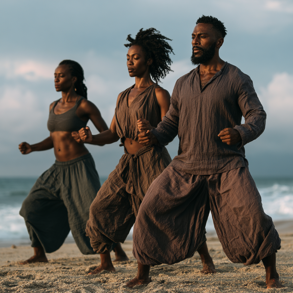 Three people participating in a martial arts or dance practice on a beach, with ocean and cloudy sky in the background, dressed in loose, brown, ethnic-style clothing.