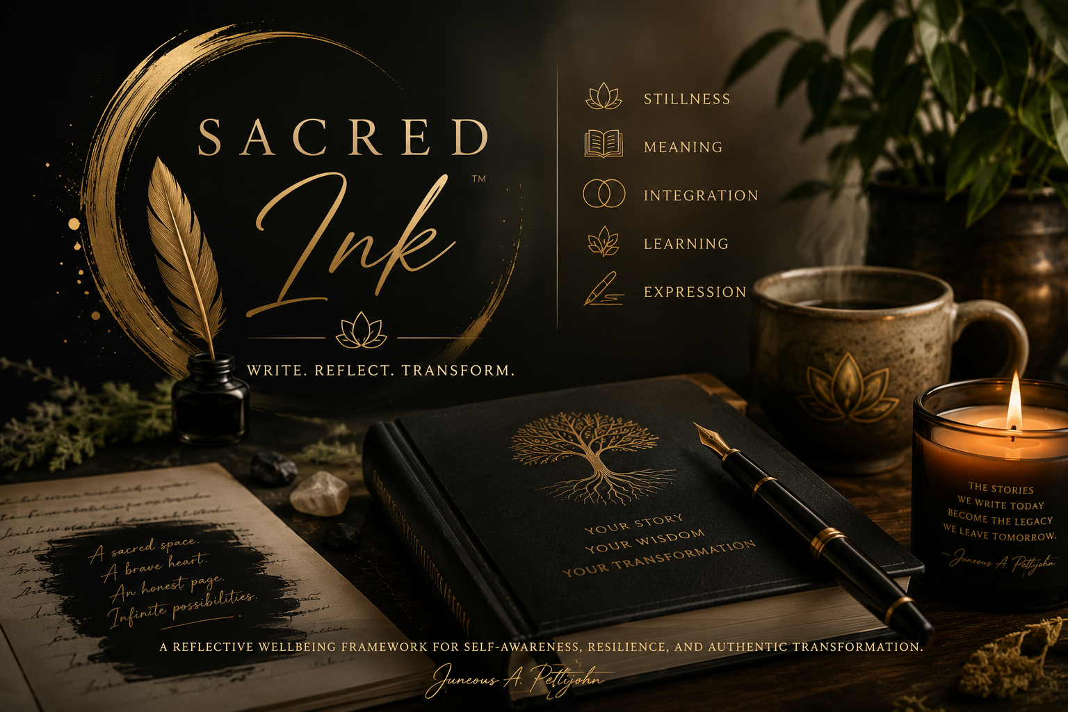 A dark wooden desk features a black journal with a gold tree emblem, a fountain pen, a lit candle with an inspirational quote, a cup with a lotus design, a plant in a pot, and a handwritten letter, all illuminated by warm lighting, creating a calming atmosphere for reflection and writing.