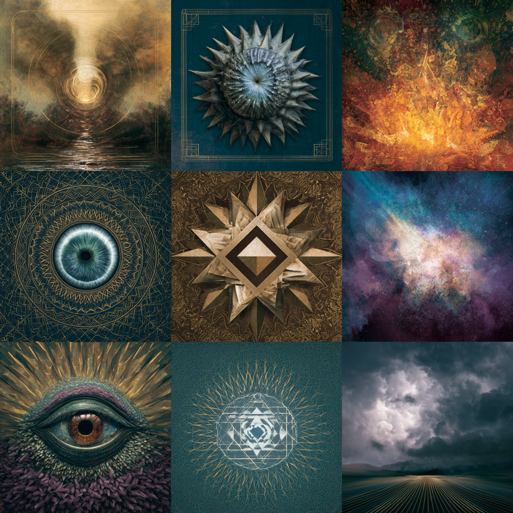 A collage of nine abstract and cosmic-themed digital artworks featuring celestial symbols, eyes, nebulae, and mystical designs.