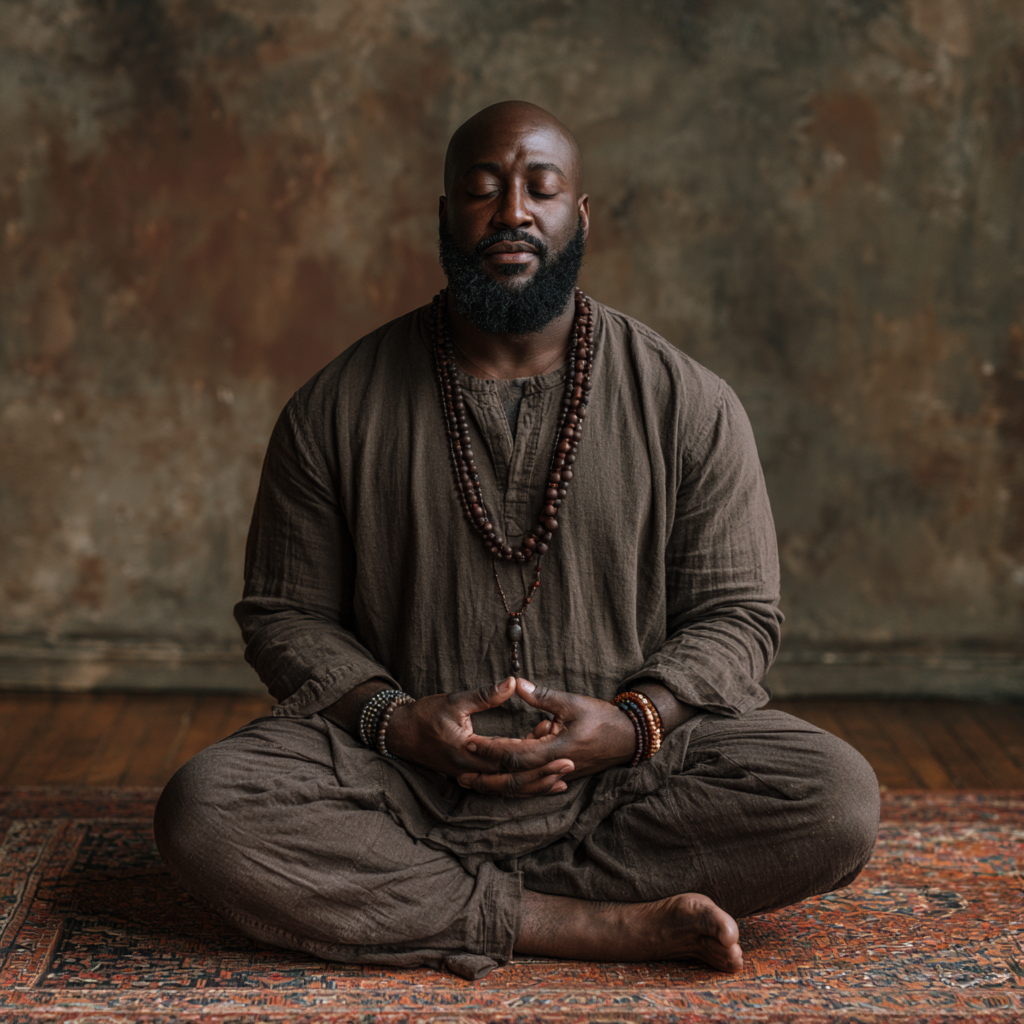 A man sitting cross-legged on a patterned rug with a neutral expression, meditating or practicing mindfulness, against a textured wall background.