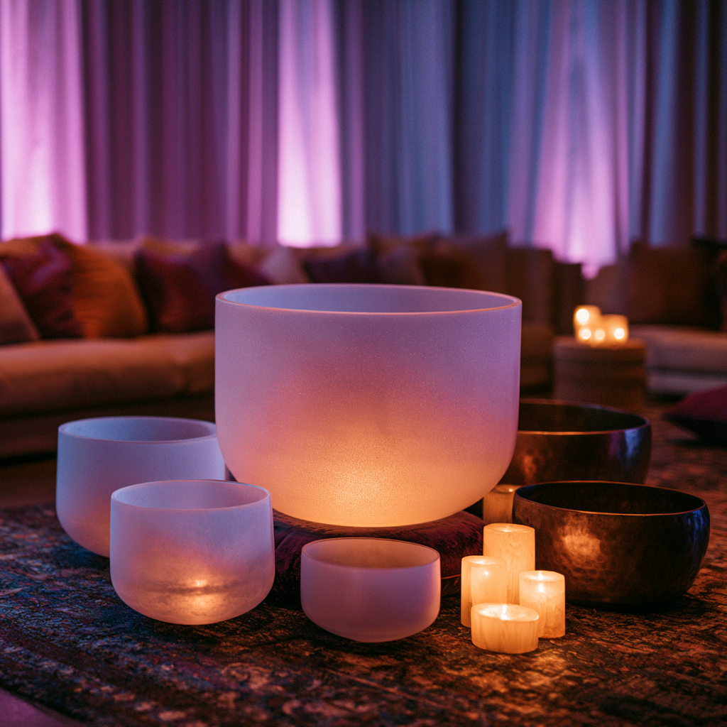 Collection of illuminated singing bowls of various sizes and colors on a patterned rug in a dimly lit room with couches and purple curtains in the background.