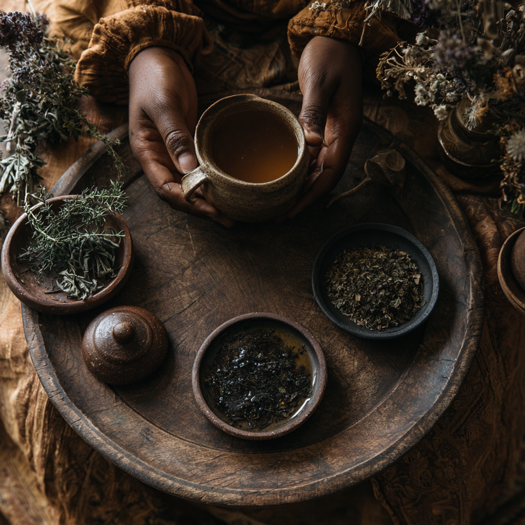 Hands holding a mug with herbal tea, surrounded by dried herbs and flowers on a rustic wooden tray.
