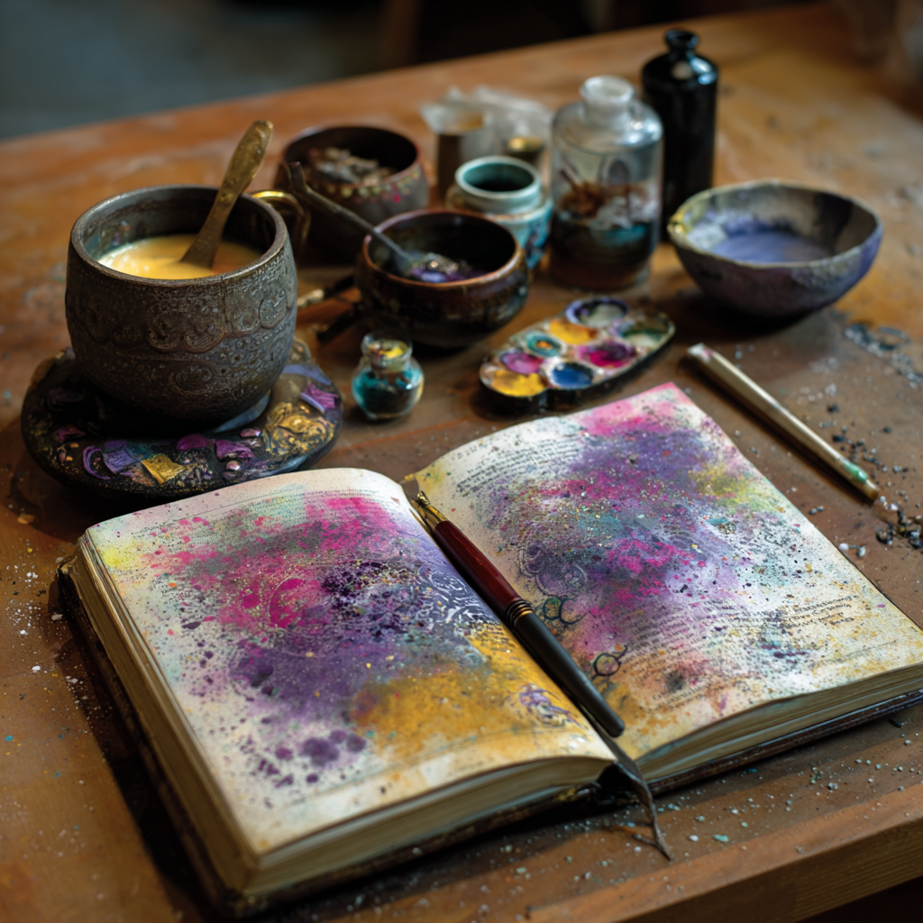 Open art journal with colorful abstract paintings, surrounded by paint supplies including bowls of paint, jars, and a brush on a wooden table.