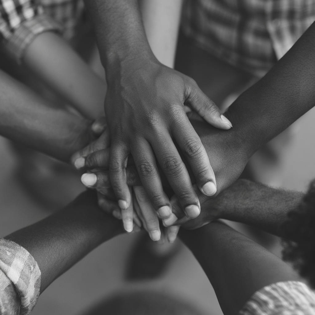 Multiple hands of diverse people stacked together in a show of unity.