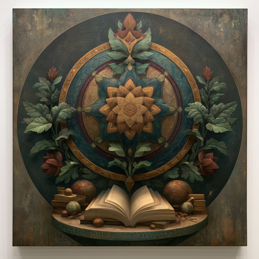 A detailed painting featuring a large open book at the bottom, surrounded by globes, smaller books, and spherical objects. Above the book, there is a decorative circular design with floral and geometric patterns, including a central lotus flower, leaves, and surrounding flowers.