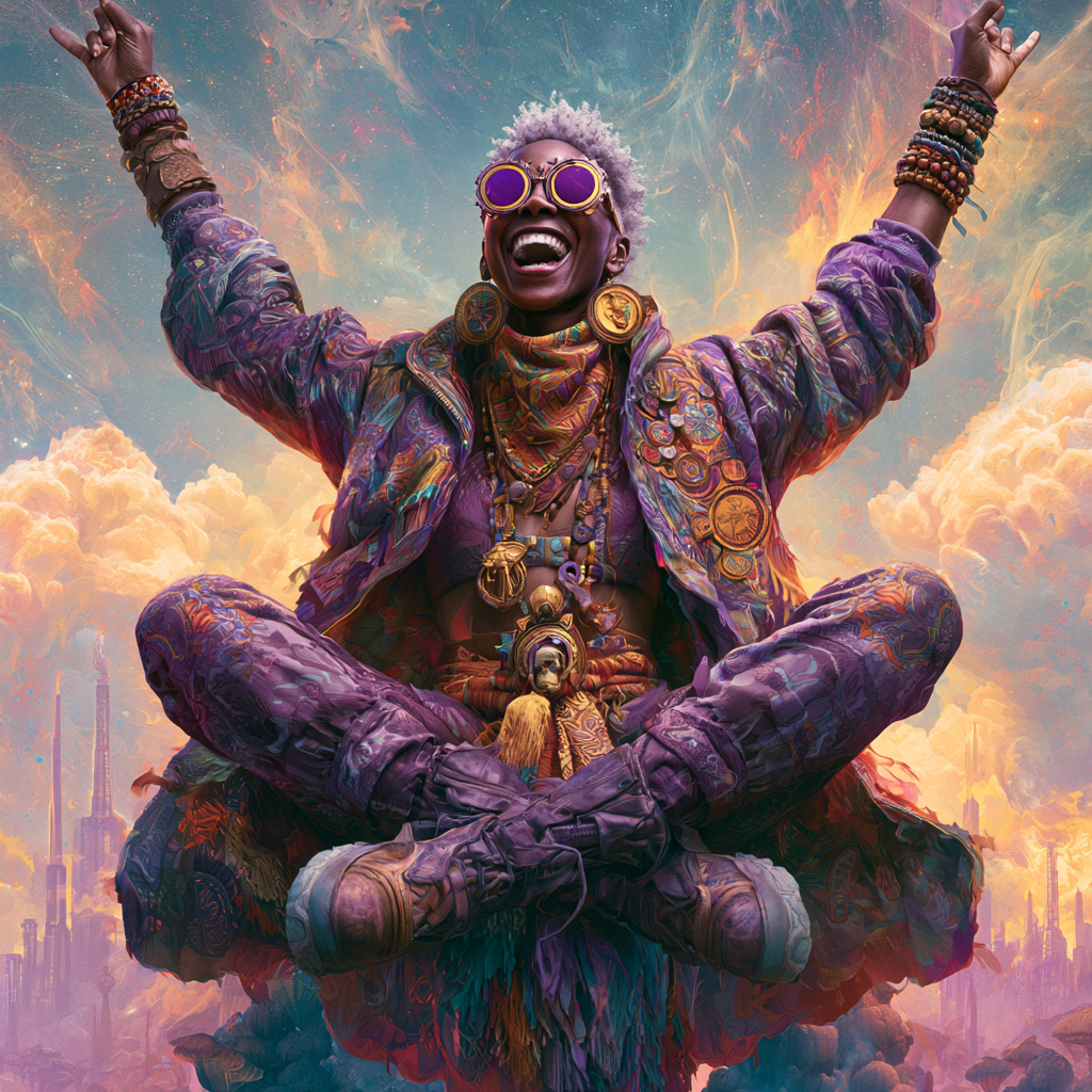 A vibrant, colorful image of a joyful person sitting cross-legged in a meditative pose with arms raised. They are wearing purple tie-dye clothing, large purple sunglasses, and decorated with numerous necklaces and accessories. The background is a fantastical sky with swirling clouds and a cityscape silhouette at the bottom, evoking a surreal, psychedelic atmosphere.