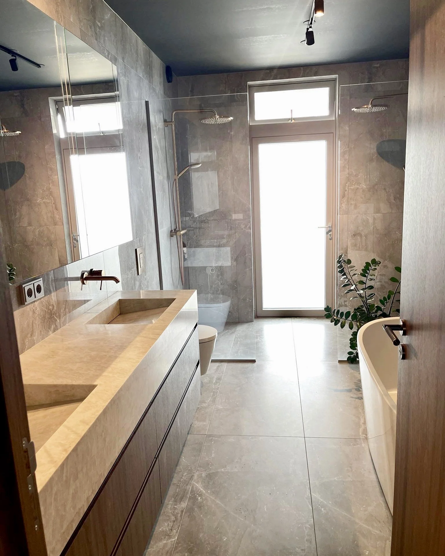 Modern bathroom with beige marble flooring, beige marble wall accents, a large mirror, a beige vanity with a built-in sink, a plant, a toilet, and a glass shower enclosure with rainfall showerheads, natural light coming through a door with glass pane