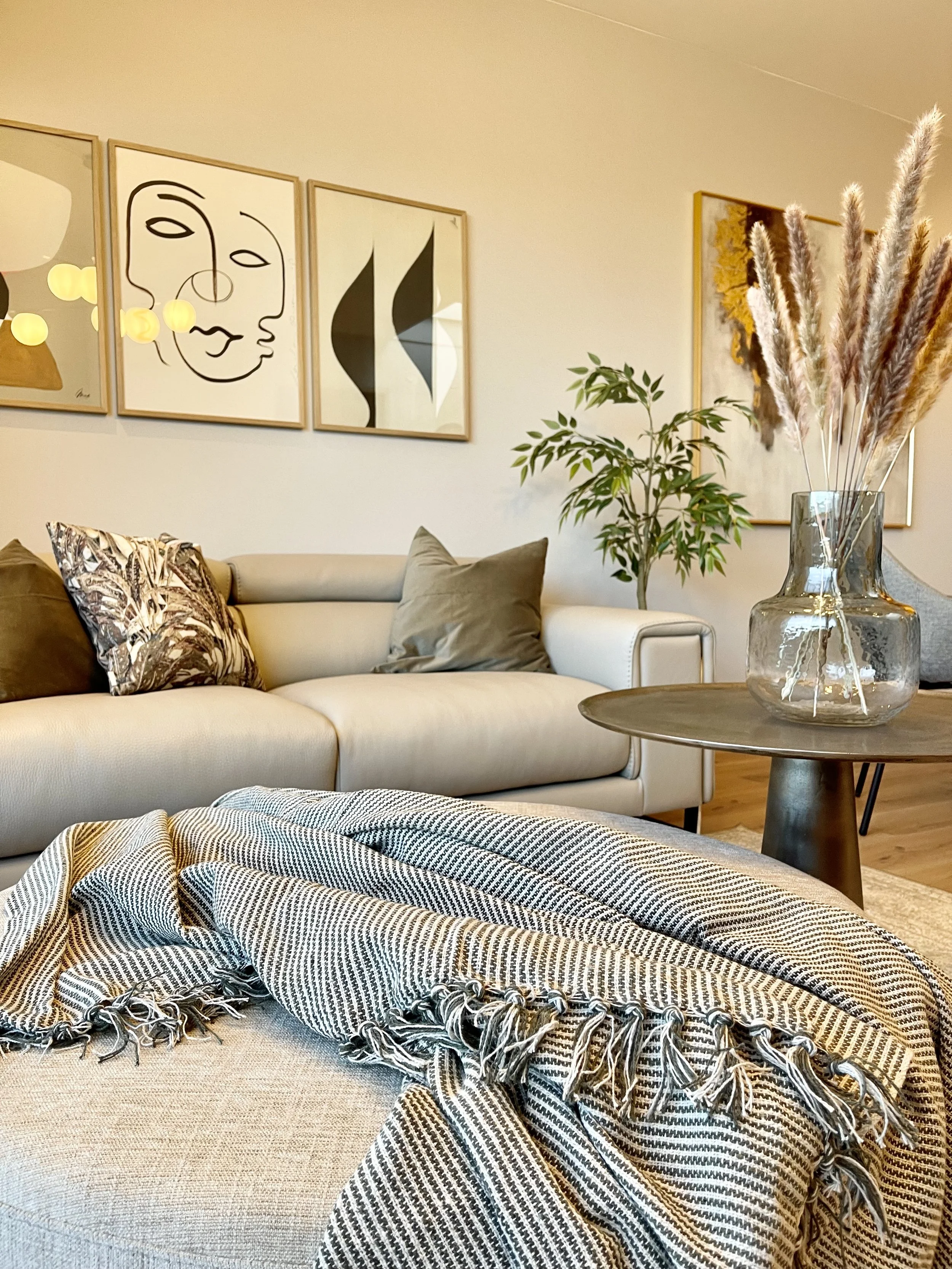 Living room with cream-colored sofa, patterned throw blanket, several pillows, wall art, potted plant, and glass vase with dried pampas grass.