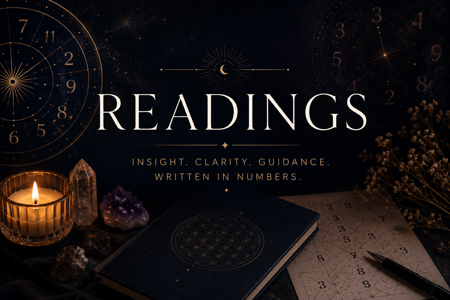 A dark, mystical scene with a lit candle, crystals, a notebook with a geometric pattern, a pen, a number puzzle, flowers, and celestial charts, with the word 'READINGS' and the tagline 'Insight. Clarity. Guidance. Written in Numbers.' displayed across the center.
