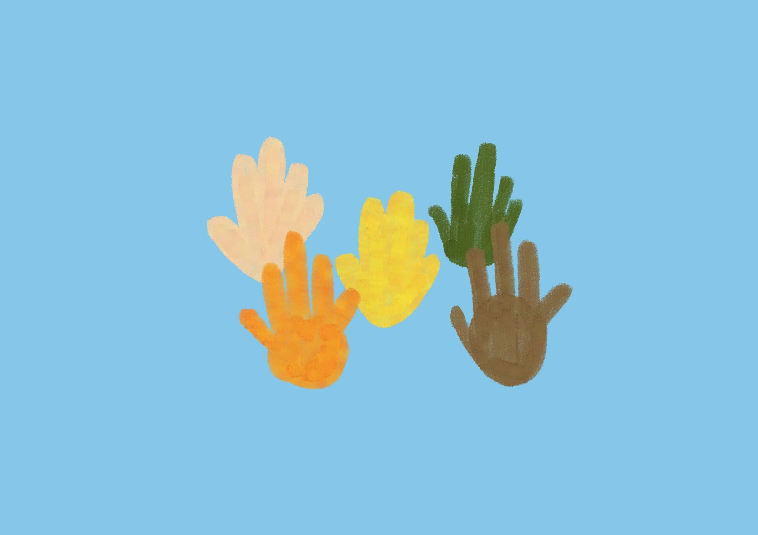 Illustration of five colorful hands with different skin tones reaching upward against a blue background.