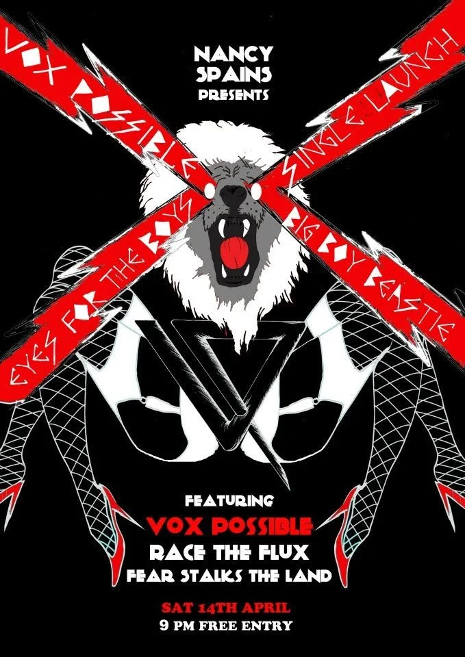 A promotional poster for an event featuring a fierce lion with a white mane, snarling with its mouth open. The background is black with red and white graphic design elements, including crossed red strips with white text and spider webs. The poster lists performers VOX POSSIBLE, RACE THE FLUX, and FEAR STALKS THE LAND. The event is scheduled for Saturday, April 14th at 9 PM with free entry.