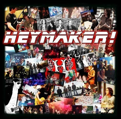 Collage of various photos of people performing music, playing instruments, and socializing, with a central bold red and white text saying 'HEYMÄKEN!'