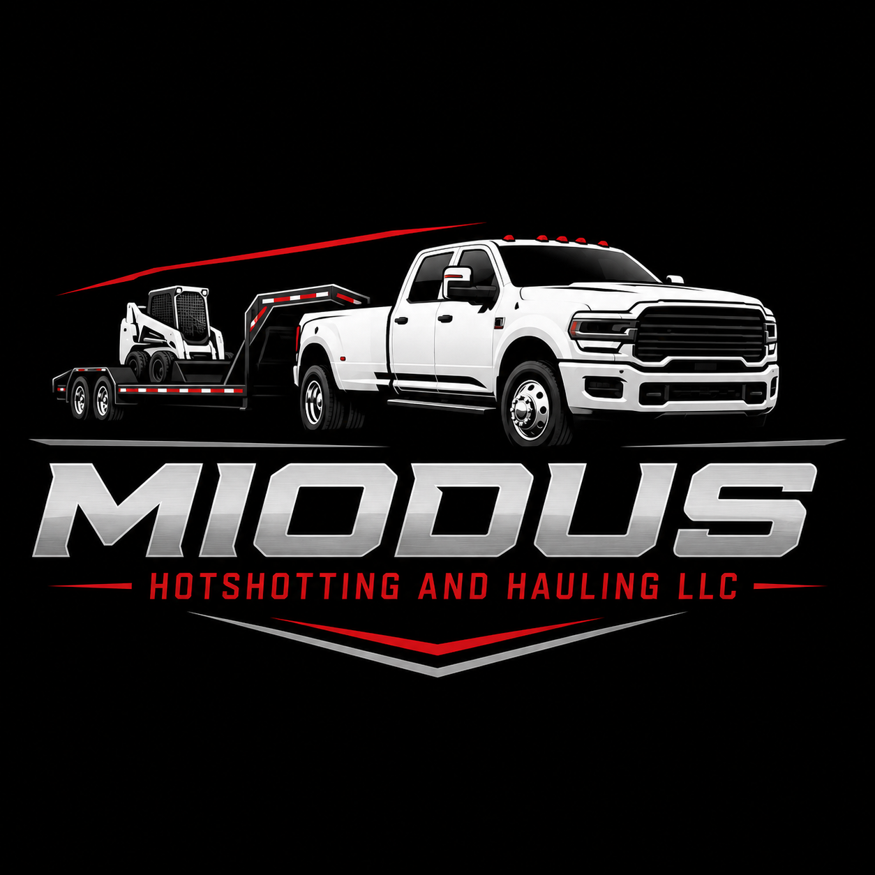 Logo for Modus Hotshotting and Hauling LLC featuring a white pickup truck towing a trailer with a small construction vehicle, set against a black background.
