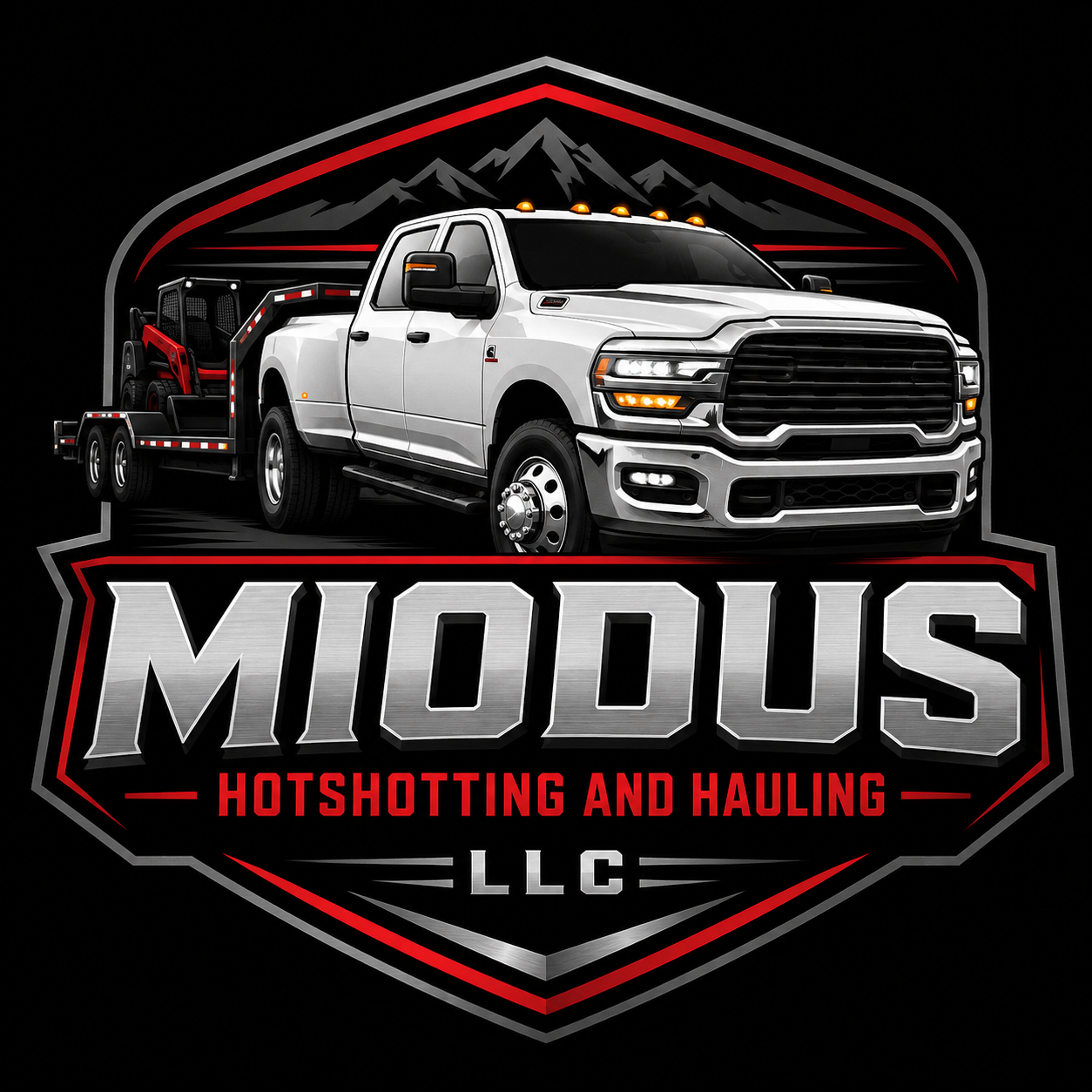 A logo for Miodus LLC featuring a silver pickup truck with a flatbed trailer carrying a red piece of equipment, set against a black background with mountain art and the company name in bold, metallic letters.