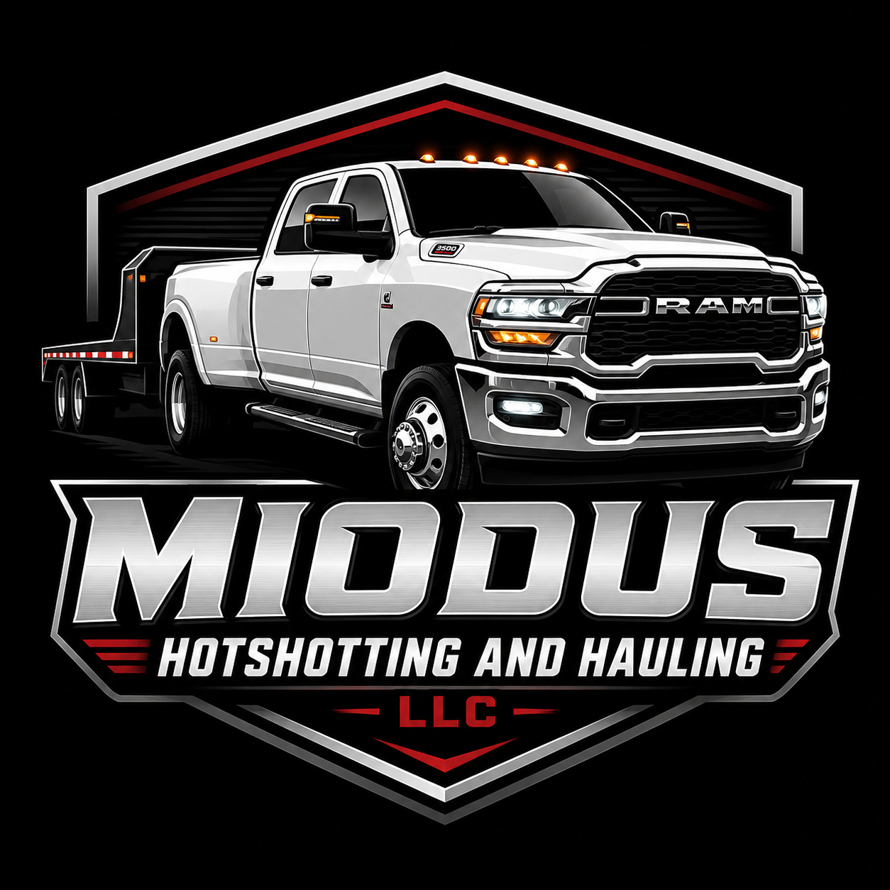 Logo for Modus Hotshotting and Hauling LLC featuring a white RAM truck on a black background
