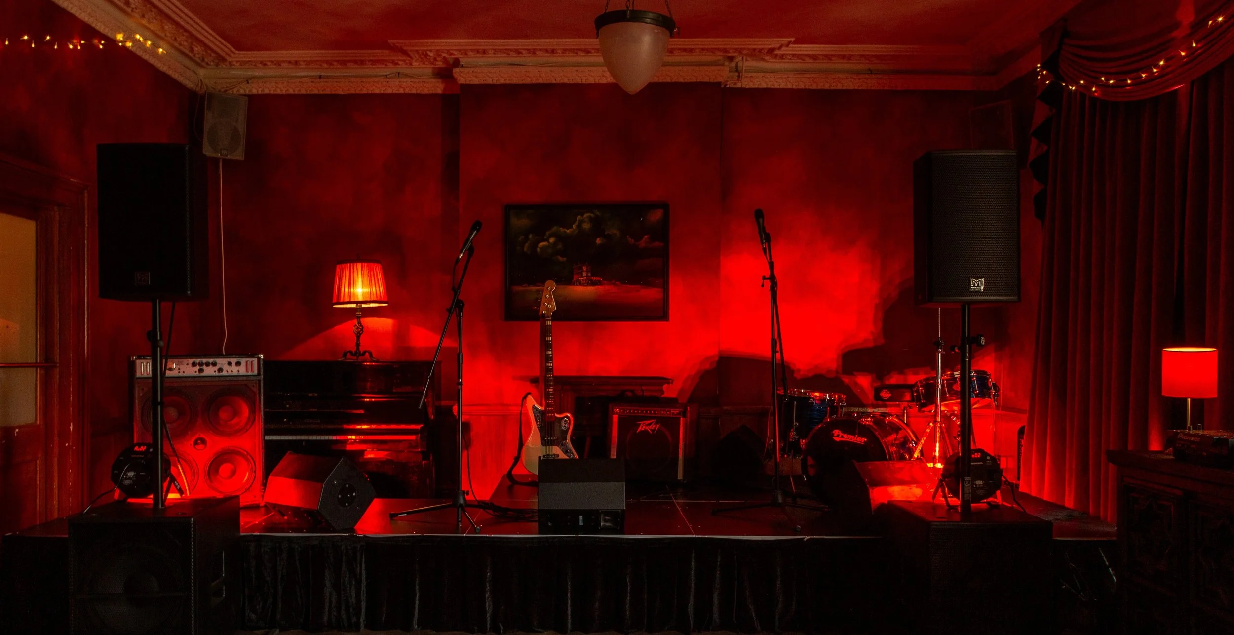 Stage setup at Red Sun Moon, an intimate live music venue above The Haggerston in Hackney.