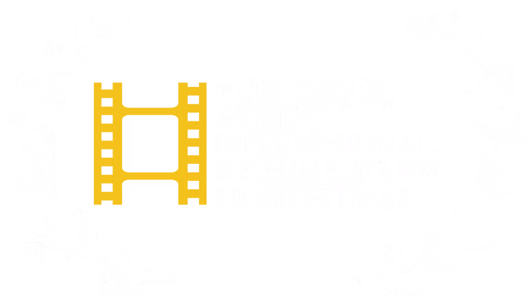 Logo for the California Capital Film Festival featuring a yellow film reel icon surrounded by white laurel branches.