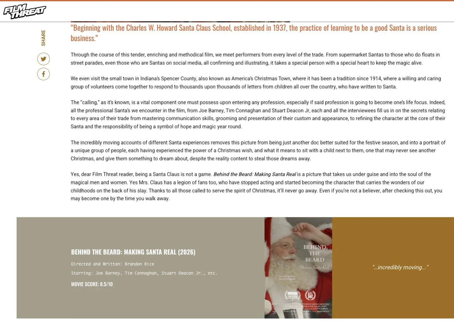 &ldquo;&hellip;incredibly moving&hellip;&rdquo; ❤️🎅

Huge thanks to @filmthreat and Kent Hill for the wonderful review of Behind the Beard: Making Santa Real!

As we continue our festival run, it&rsquo;s been incredible seeing audiences connect with