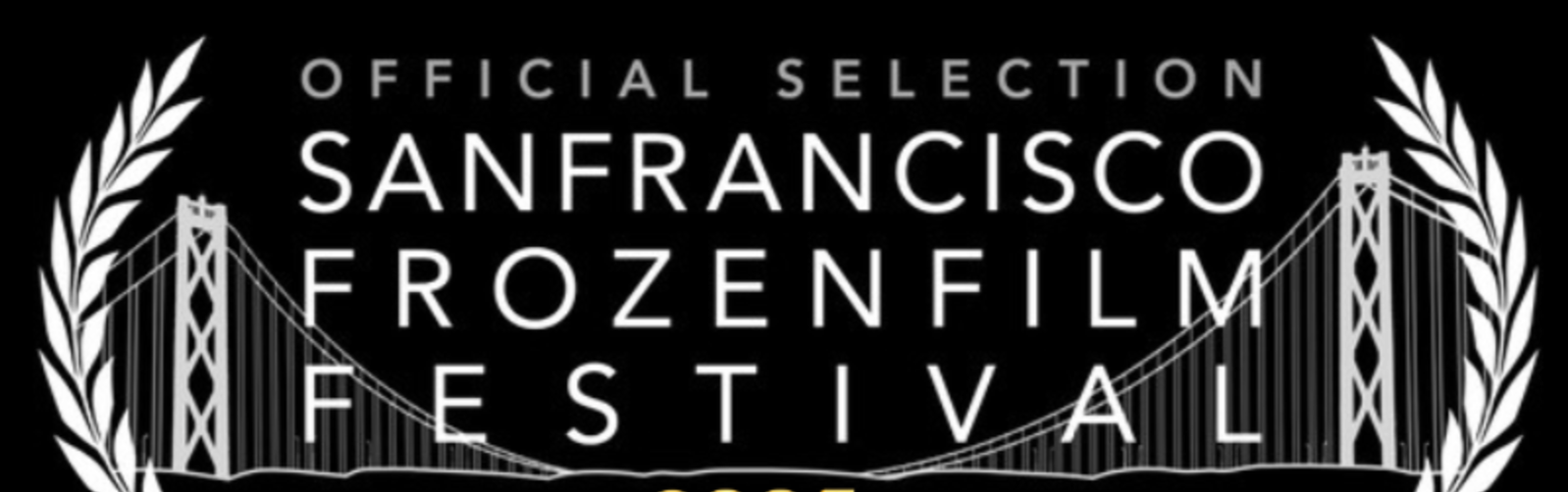 Logo for the San Francisco Frozen Film Festival featuring a black background, white text, and a line drawing of the Golden Gate Bridge with laurel branches on either side.