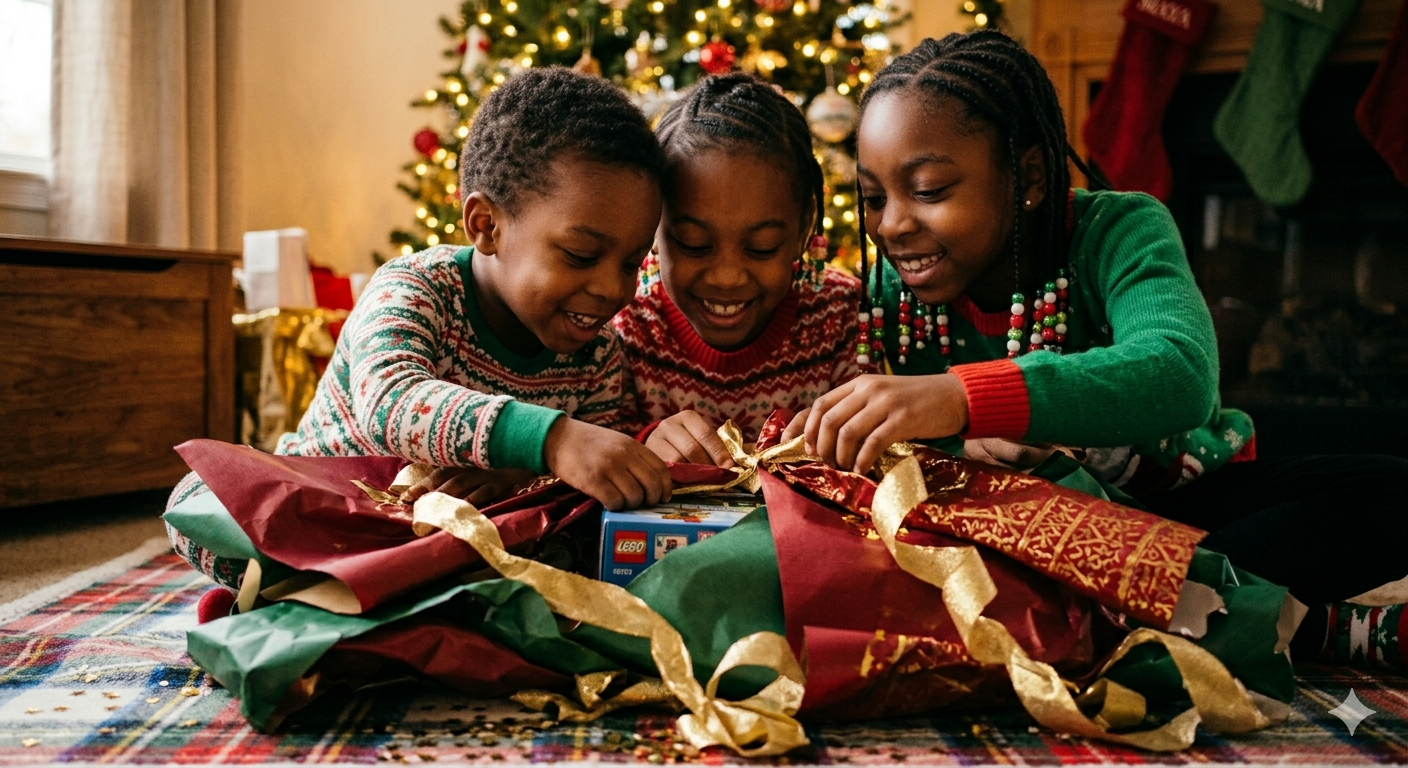 Three children in Christmas sweaters opening presents by the Christmas tree in a cozy living room.