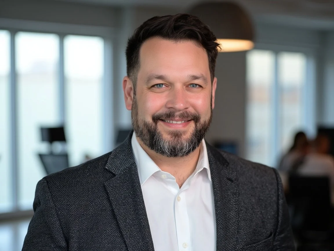 A smiling man with dark hair and beard wearing a dark blazer and white shirt, standing in an office with blurred background.