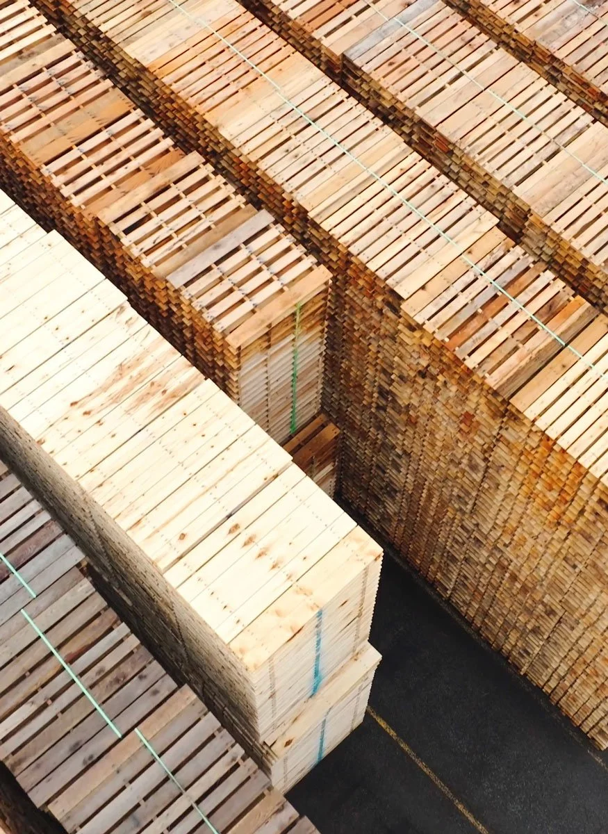 aerial view of stacked wood pallets