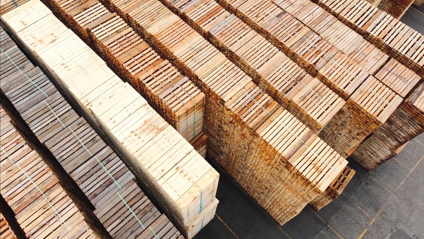 aerial view of stacked pallets