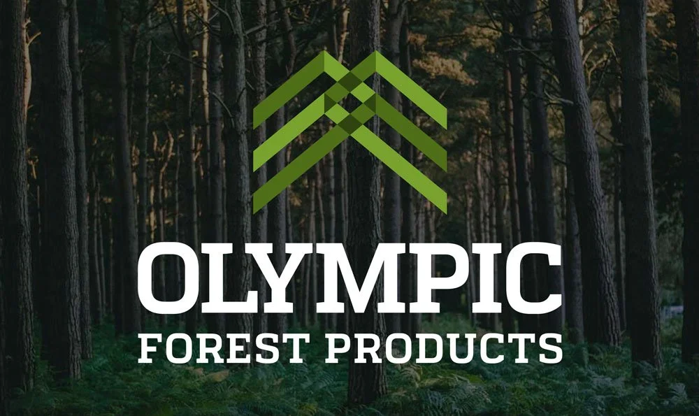 Olympic Forest Products logo overlaying an image of forest trees