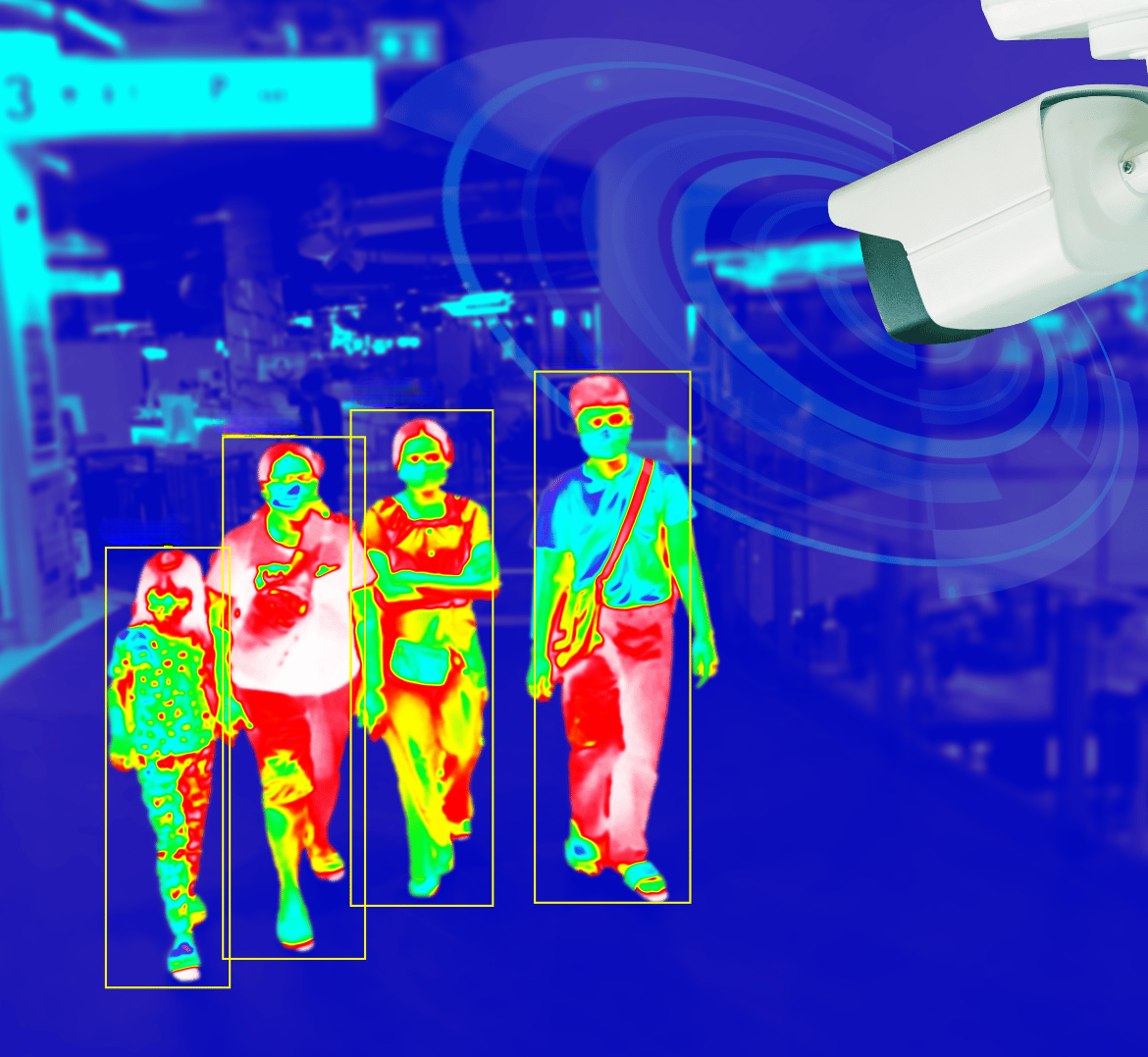 Thermal image of four people walking through an airport, with a security camera observing them.