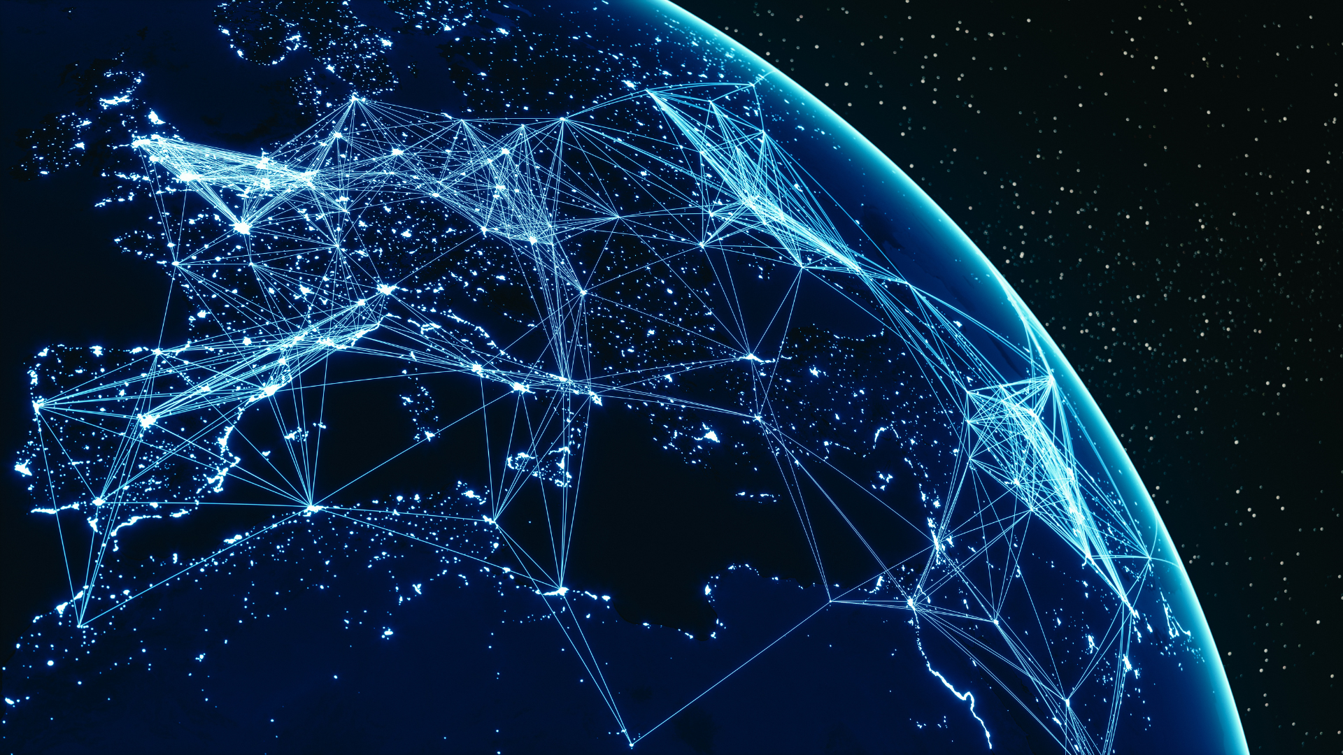 Digital rendering of Earth from space with interconnected glowing blue lines representing global network connections.